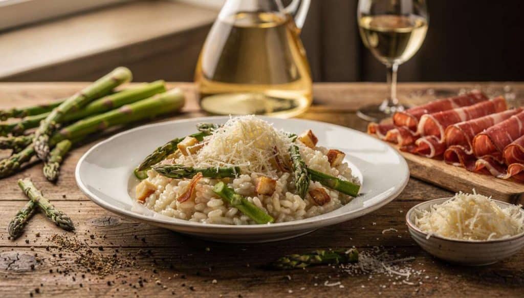 Risotto italien : asperges sauvages et speck
