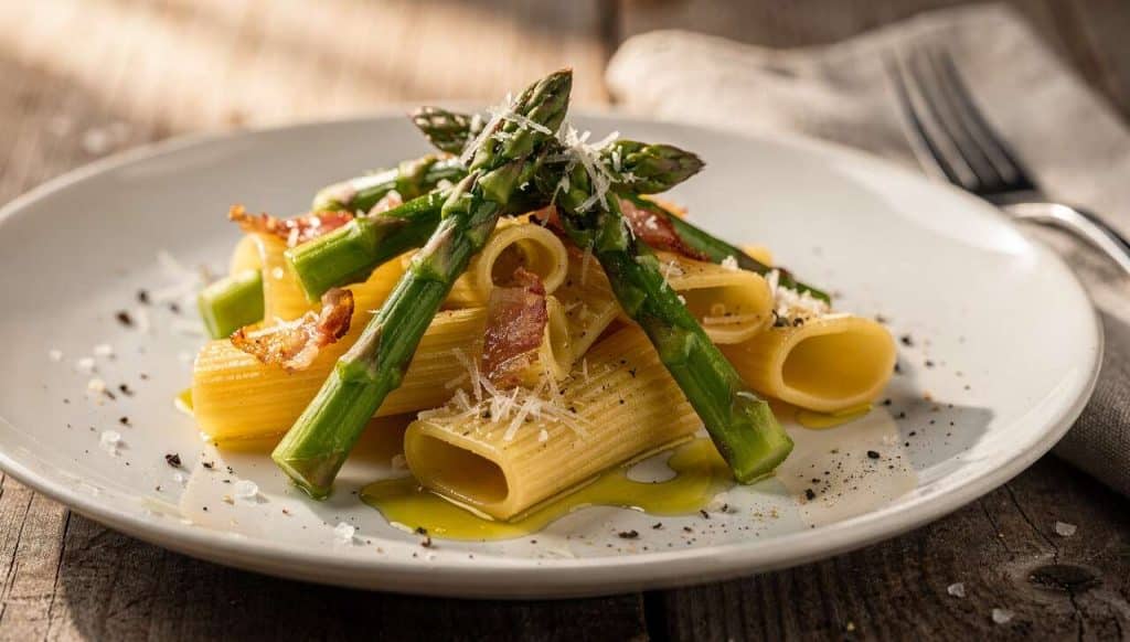 Paccheri rigati aux asperges et pancetta : recette italienne authentique