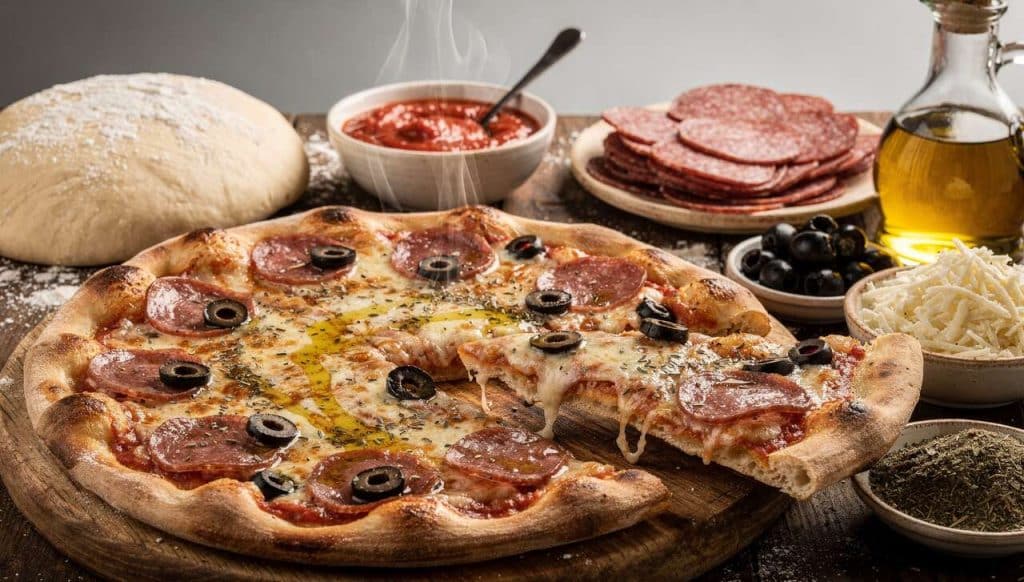 Pizza au salami et olives : recette savoureuse