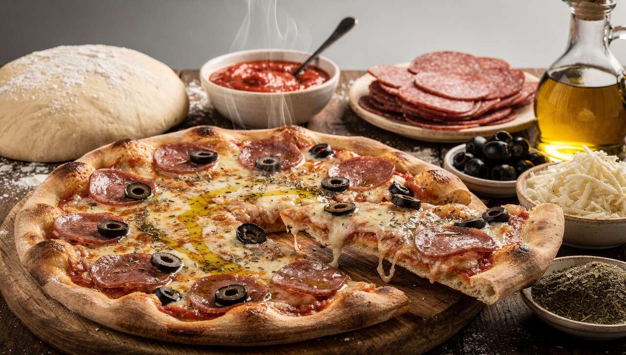 Pizza au salami et olives : recette savoureuse