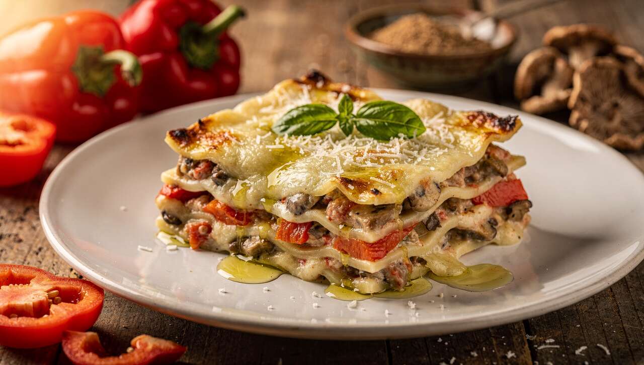 Lasagnes aux poivrons, cèpes et parmesan : recette gourmande