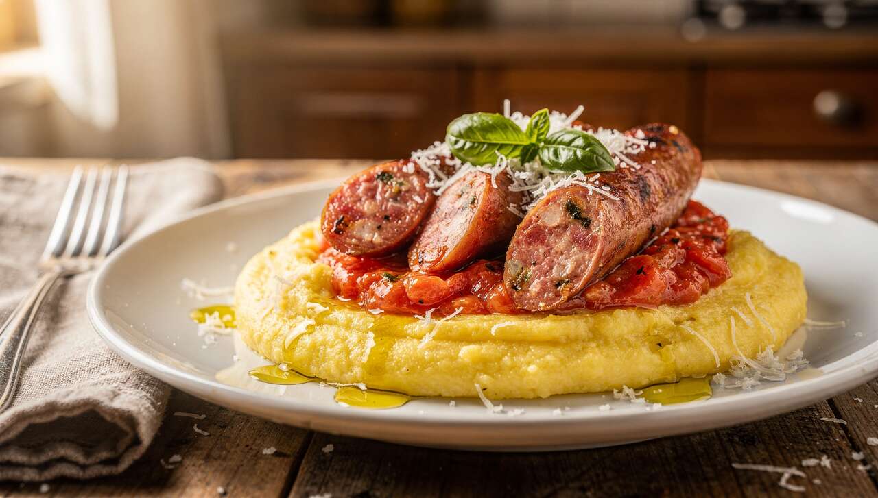 Polenta à la sauce tomate et saucisses : recette savoureuse
