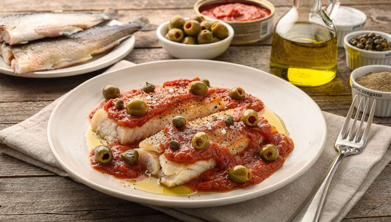Morue à l'italienne : recette avec sauce tomates et olives vertes