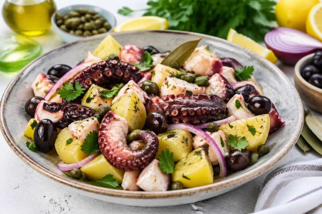Salade italienne de poulpe, pommes de terre et oignon rouge
