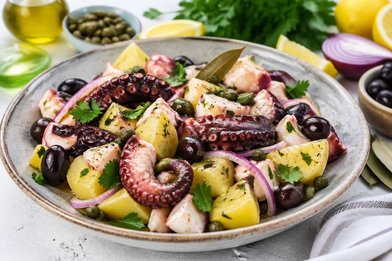Salade italienne de poulpe, pommes de terre et oignon rouge