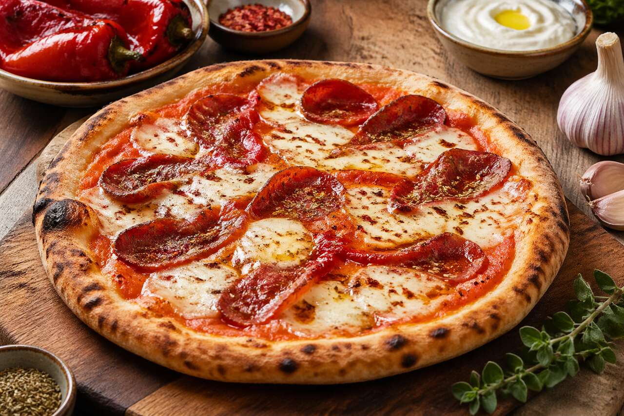 Pizza à la crème de poivrons et spianata : recette gourmande