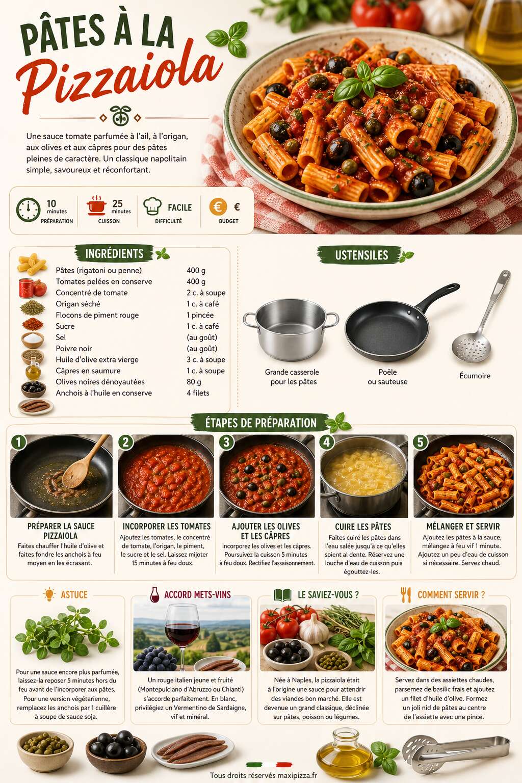 Fiche recette P&acirc;tes &agrave; la pizzaiola : recette savoureuse et facile &agrave; r&eacute;aliser