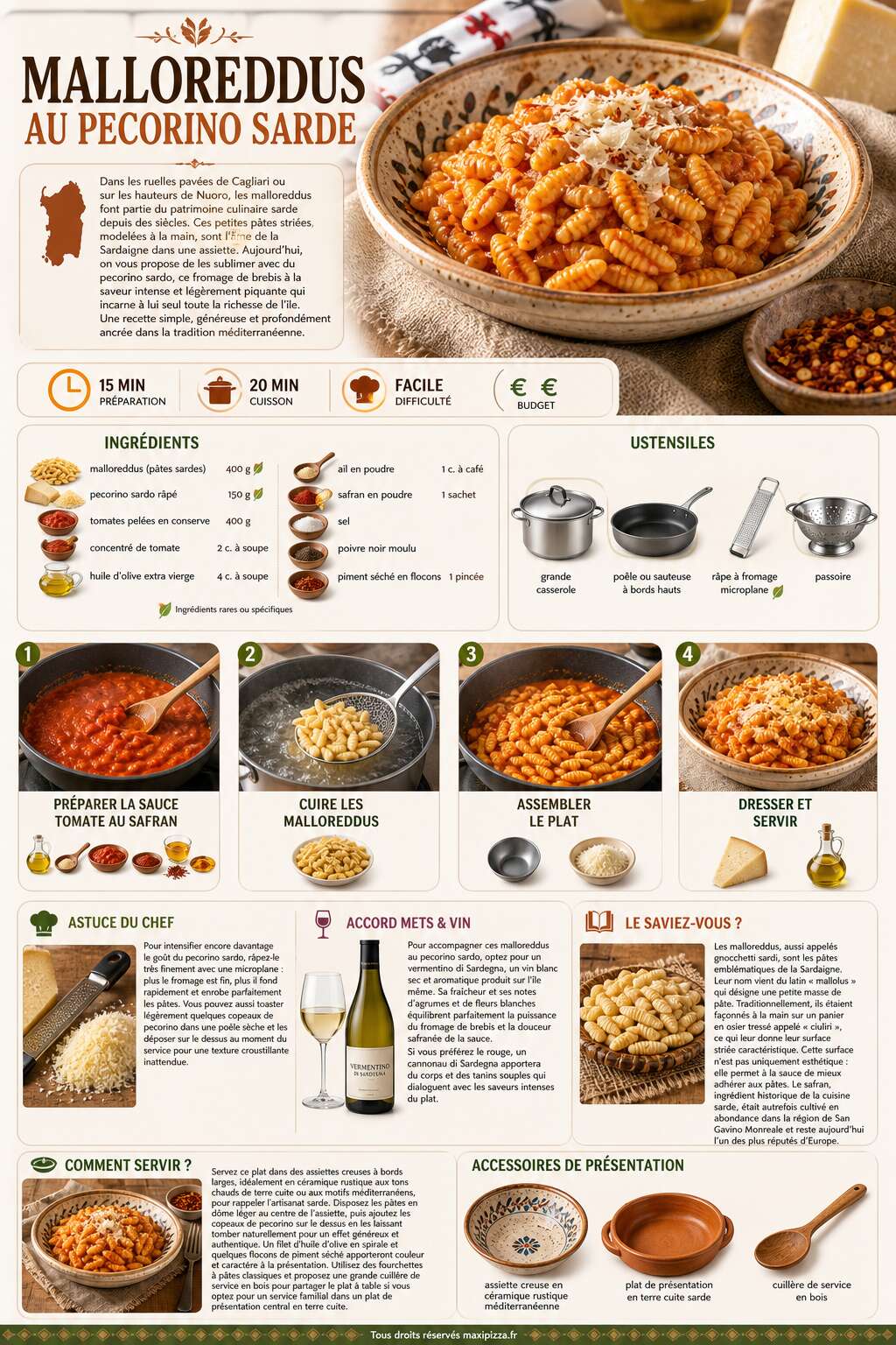 Fiche recette Recette : malloreddus au Pecorino Sarde