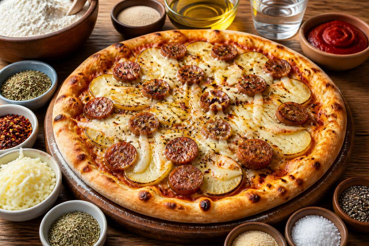 Pizza contemporaine : saucisse et pommes de terre