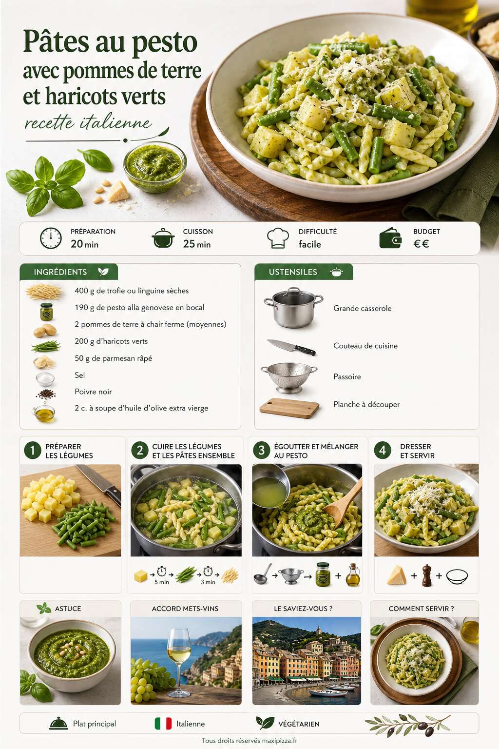 Fiche recette P&acirc;tes au pesto avec pommes de terre et haricots verts : recette italienne