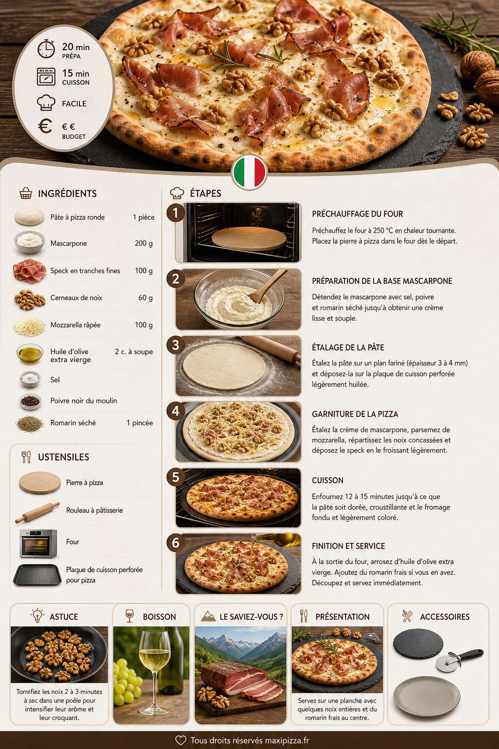 Fiche recette Recette de pizza au mascarpone, speck et noix : un d&eacute;lice &agrave; d&eacute;couvrir