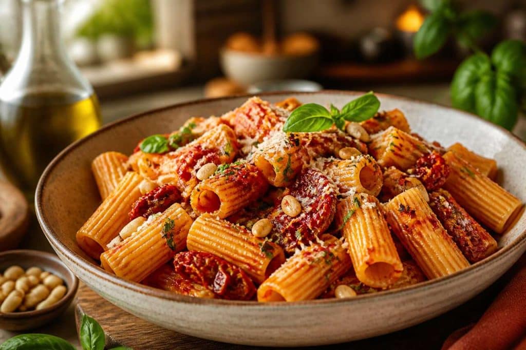 Rigatoni au pesto rosso et tomates séchées : recette authentique italienne
