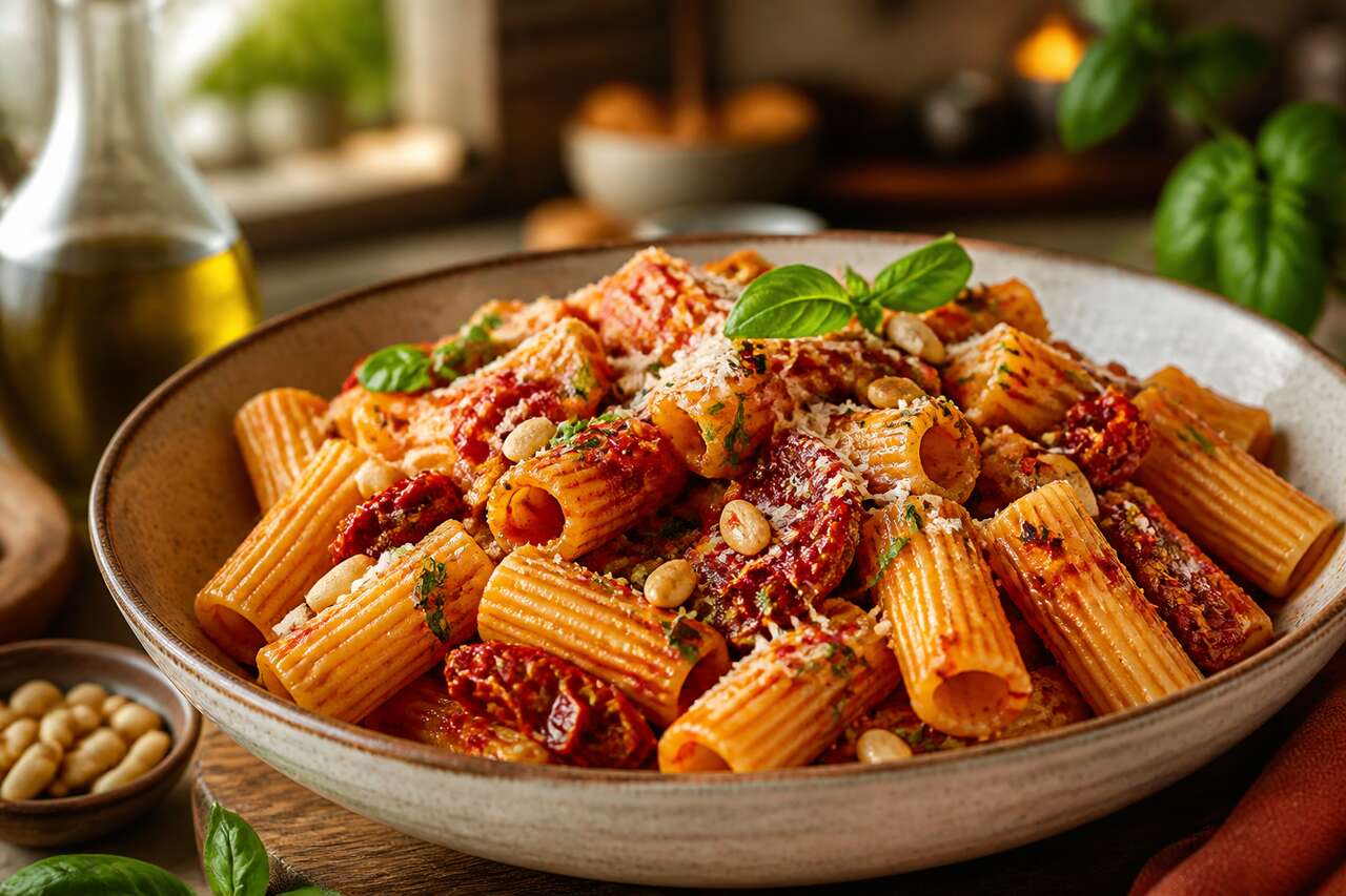 Rigatoni au pesto rosso et tomates séchées : recette authentique italienne