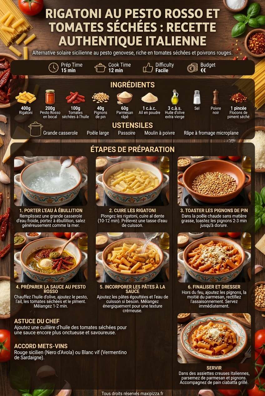 Fiche recette Rigatoni au pesto rosso et tomates séchées : recette authentique italienne Fiche recette Rigatoni au pesto rosso et tomates séchées : recette authentique italienne