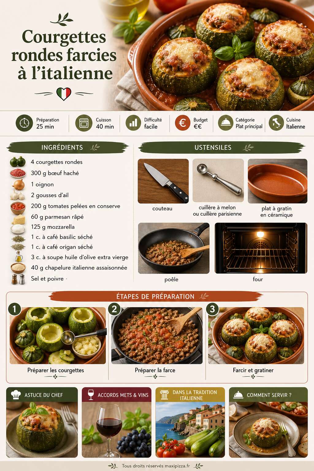 Fiche recette Recette de courgettes rondes farcies &agrave; l'italienne
