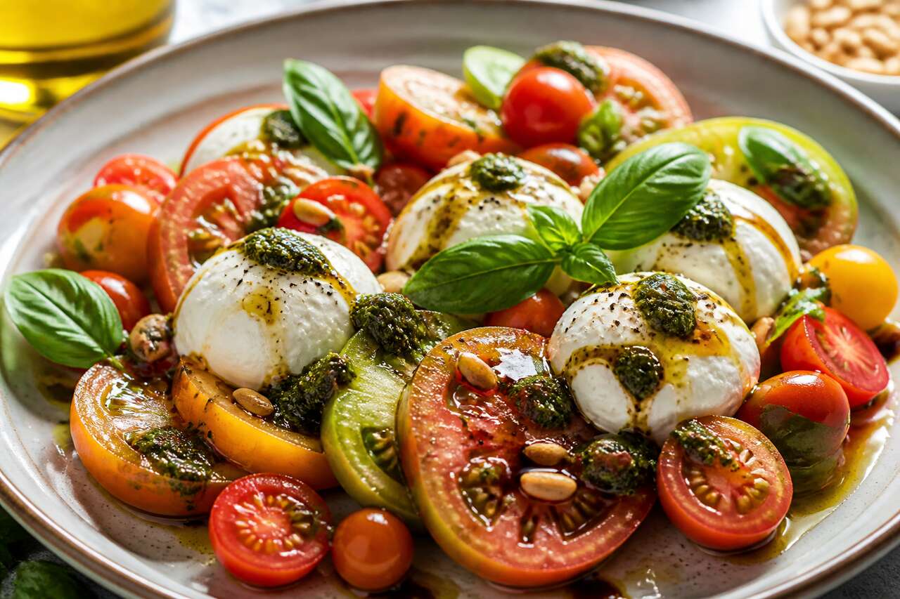 Salade de tomates, mozzarella et pesto : recette fraîche et savoureuse