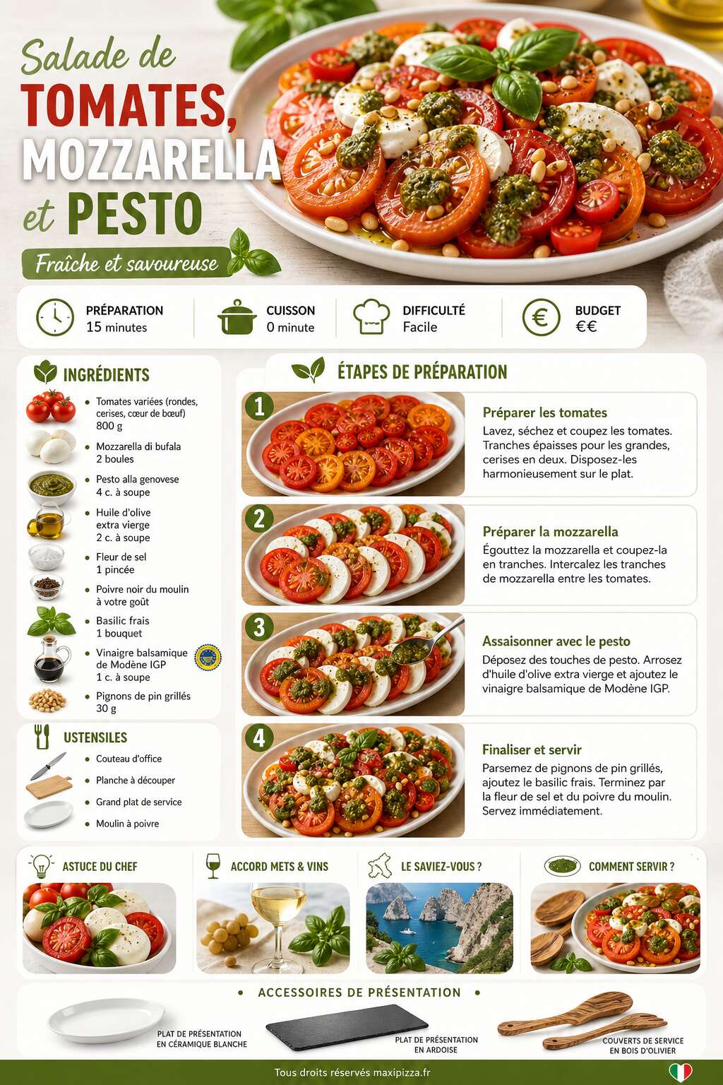 Fiche recette Salade de tomates, mozzarella et pesto : recette fraîche et savoureuse Fiche recette Salade de tomates, mozzarella et pesto : recette fraîche et savoureuse