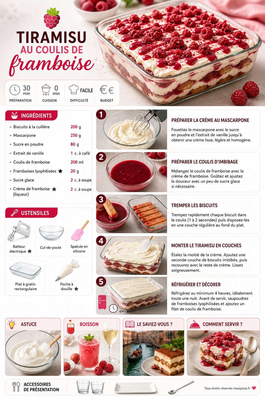 Fiche recette Recette tiramisu au coulis de framboise : un dessert gourmand
