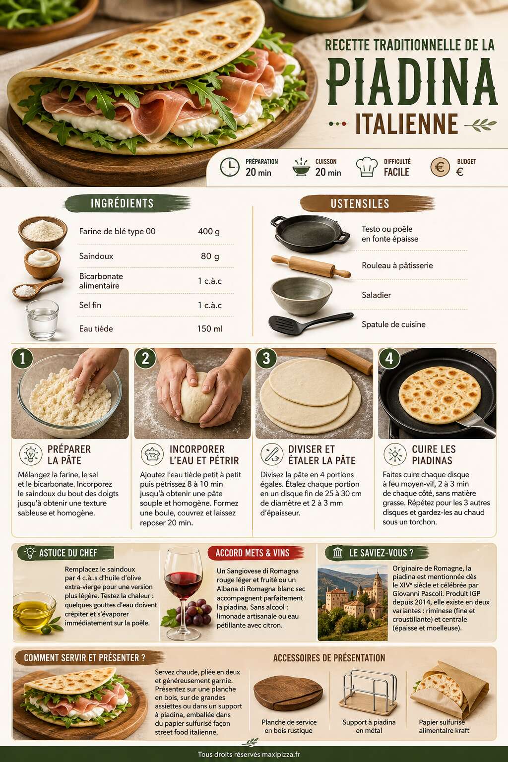 Fiche recette Recette traditionnelle de la piadina italienne Fiche recette Recette traditionnelle de la piadina italienne