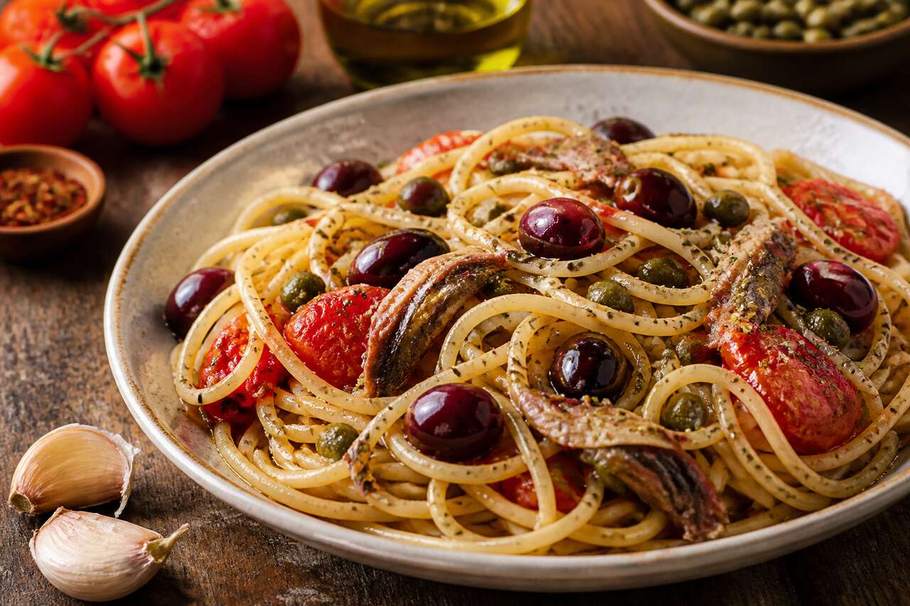 Spaghetti aux câpres, anchois et olives noires : recette italienne savoureuse