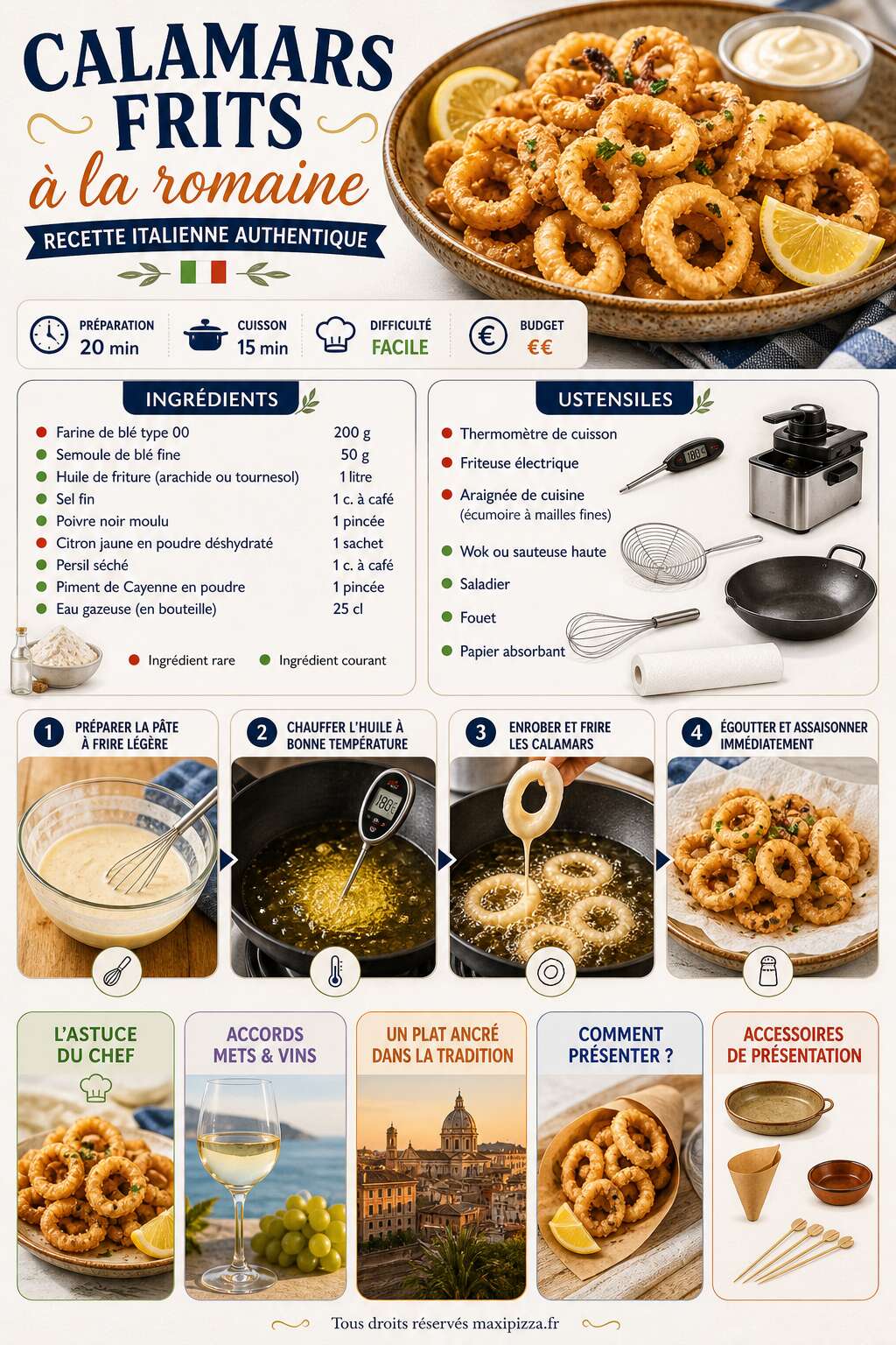 Fiche recette Calamars frits &agrave; la romaine : recette italienne authentique