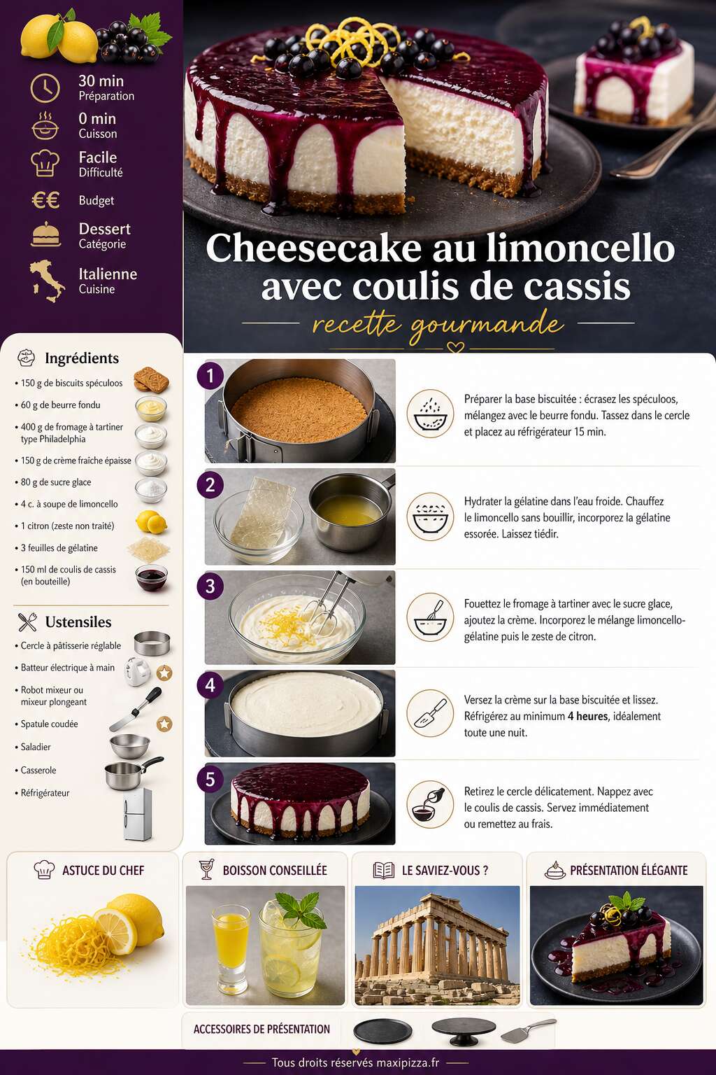 Fiche recette Cheesecake au limoncello avec coulis de cassis : recette gourmande