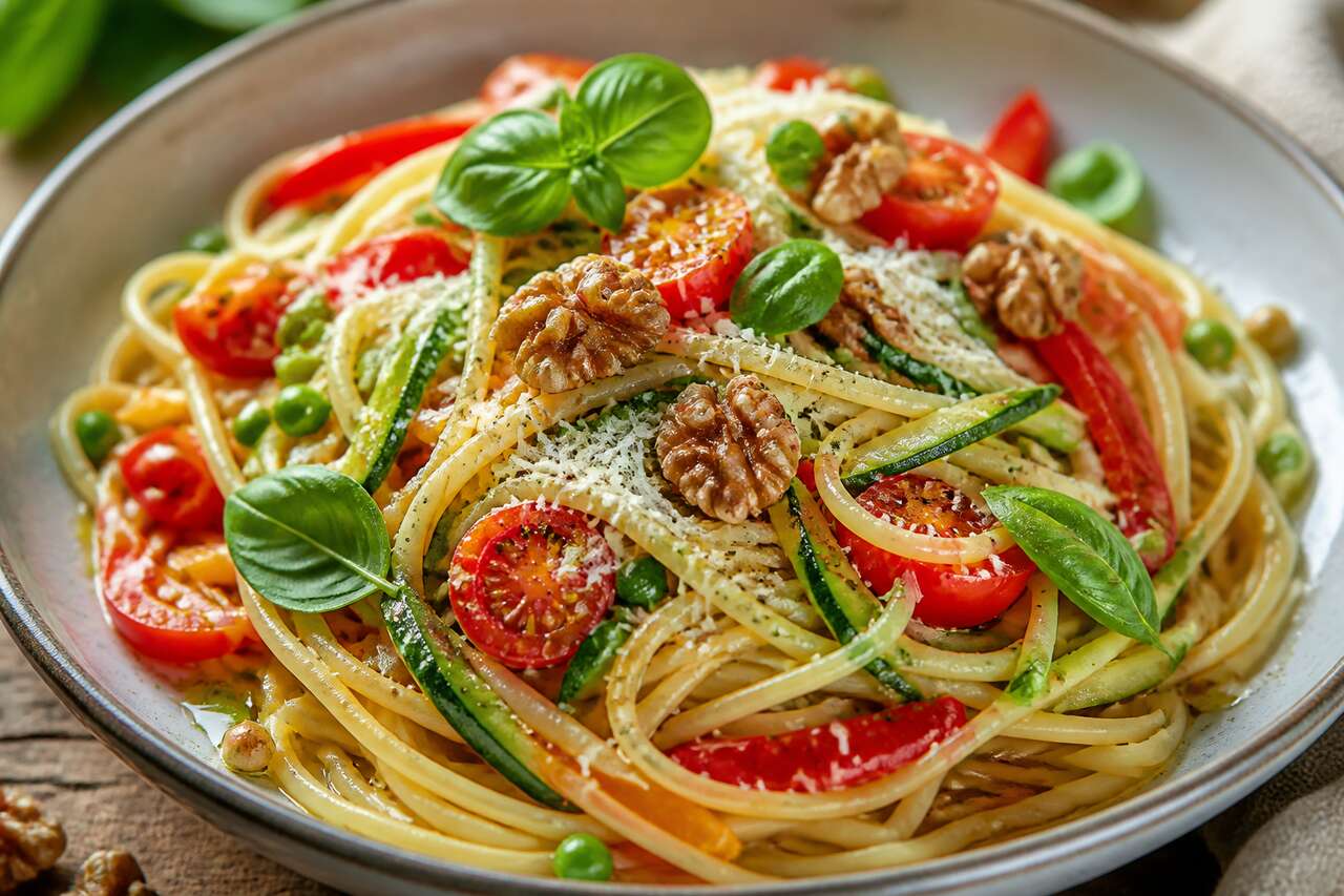 Spaghetti primavera aux noix : recette savoureuse et saine