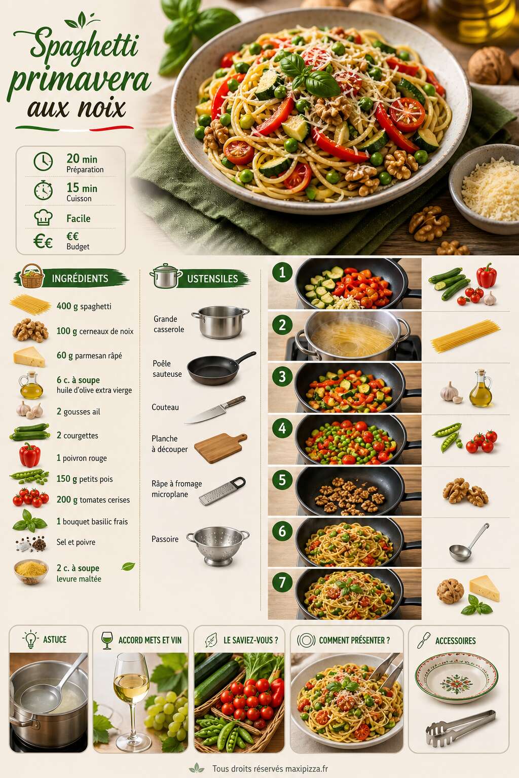 Fiche recette Spaghetti primavera aux noix : recette savoureuse et saine Fiche recette Spaghetti primavera aux noix : recette savoureuse et saine