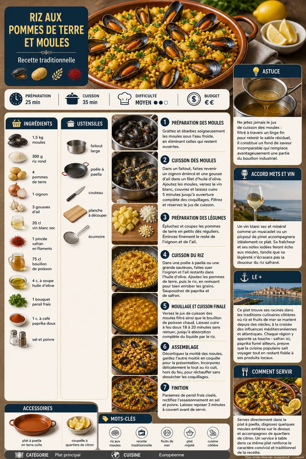 Fiche recette Recette traditionnelle : riz aux pommes de terre et moules Fiche recette Recette traditionnelle : riz aux pommes de terre et moules