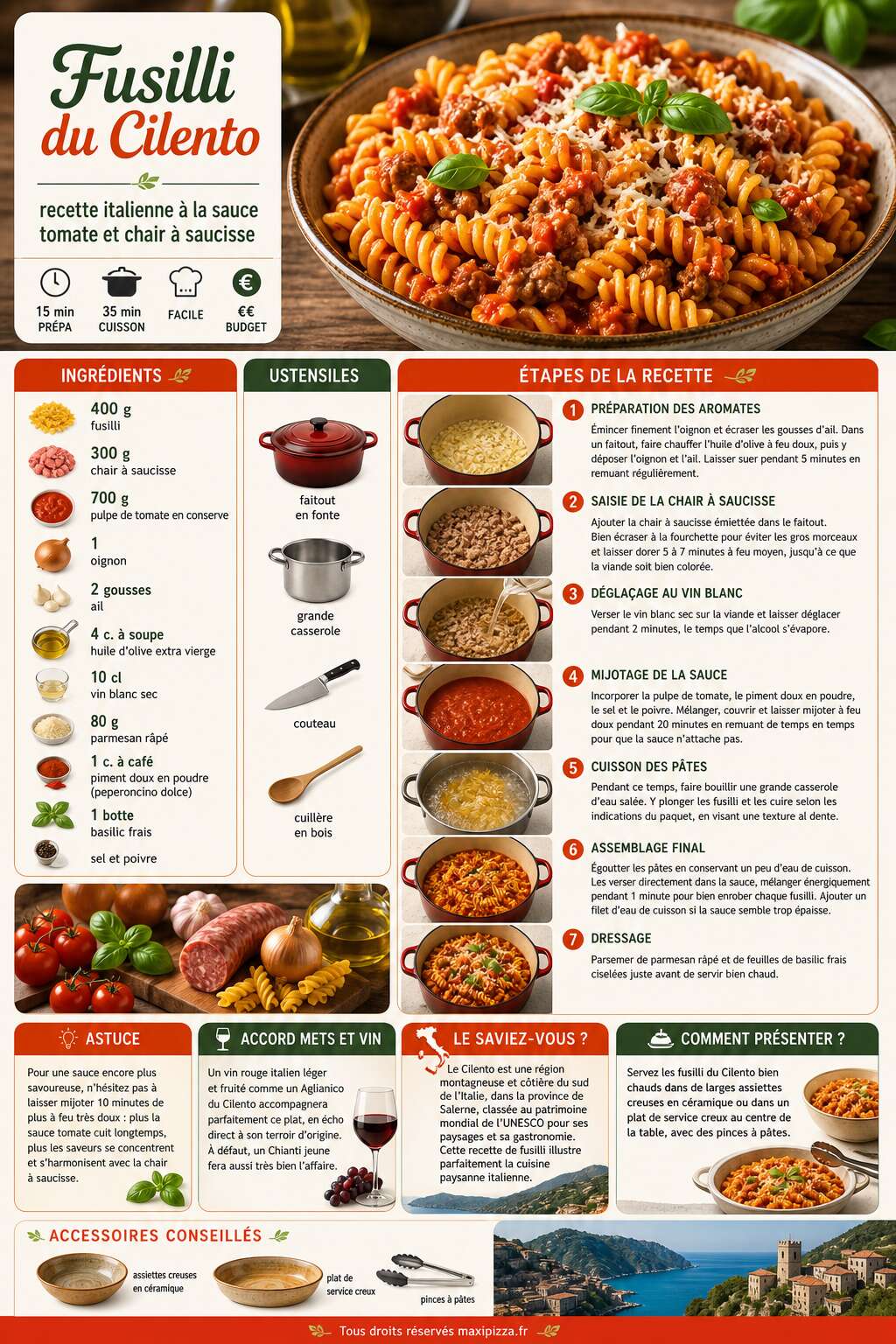 Fiche recette Fusilli du Cilento : recette italienne à la sauce tomate et chair à saucisse Fiche recette Fusilli du Cilento : recette italienne à la sauce tomate et chair à saucisse