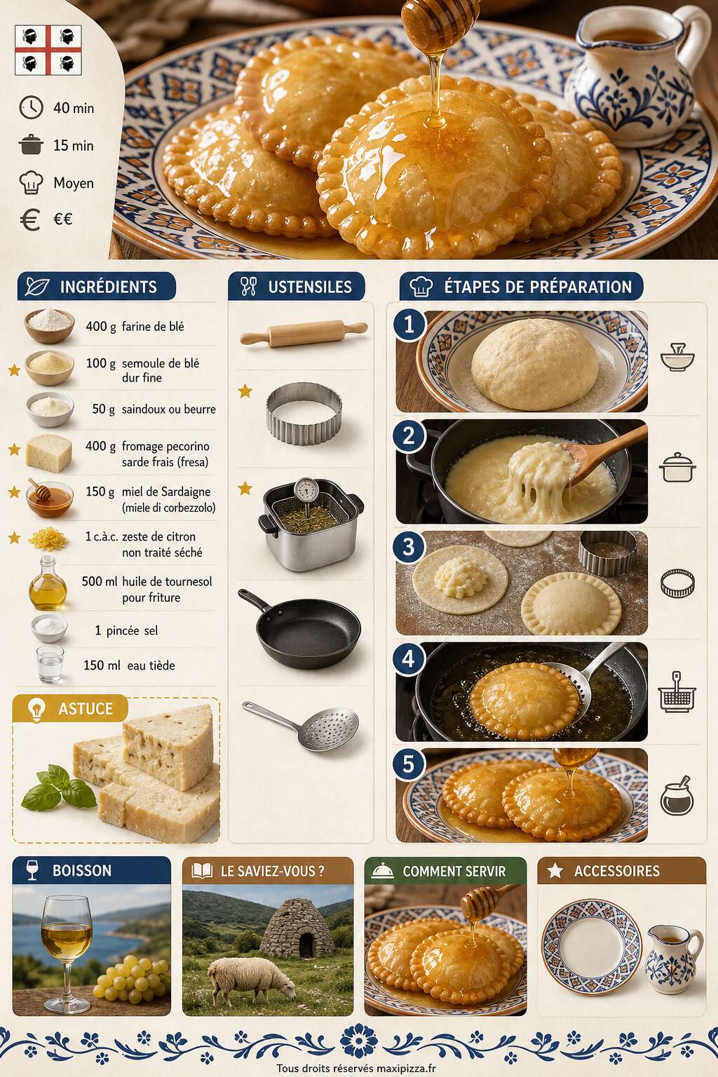 Fiche recette Recette italienne : seadas sardes traditionnelles Fiche recette Recette italienne : seadas sardes traditionnelles