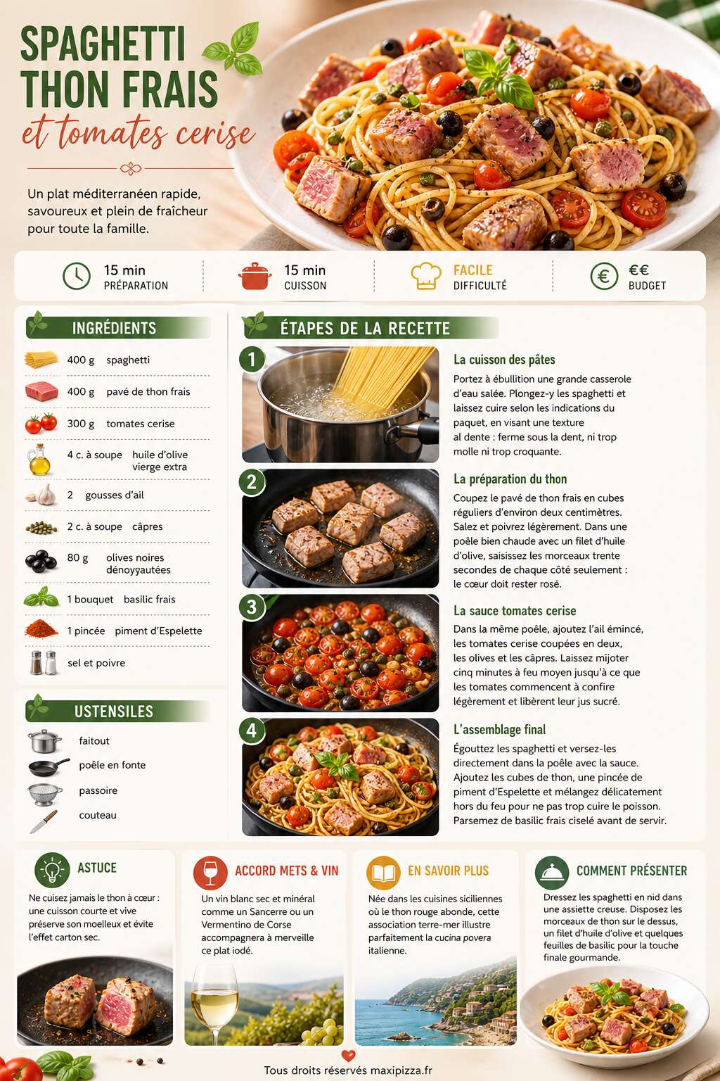 Fiche recette Recette spaghetti thon frais et tomates cerise Fiche recette Recette spaghetti thon frais et tomates cerise