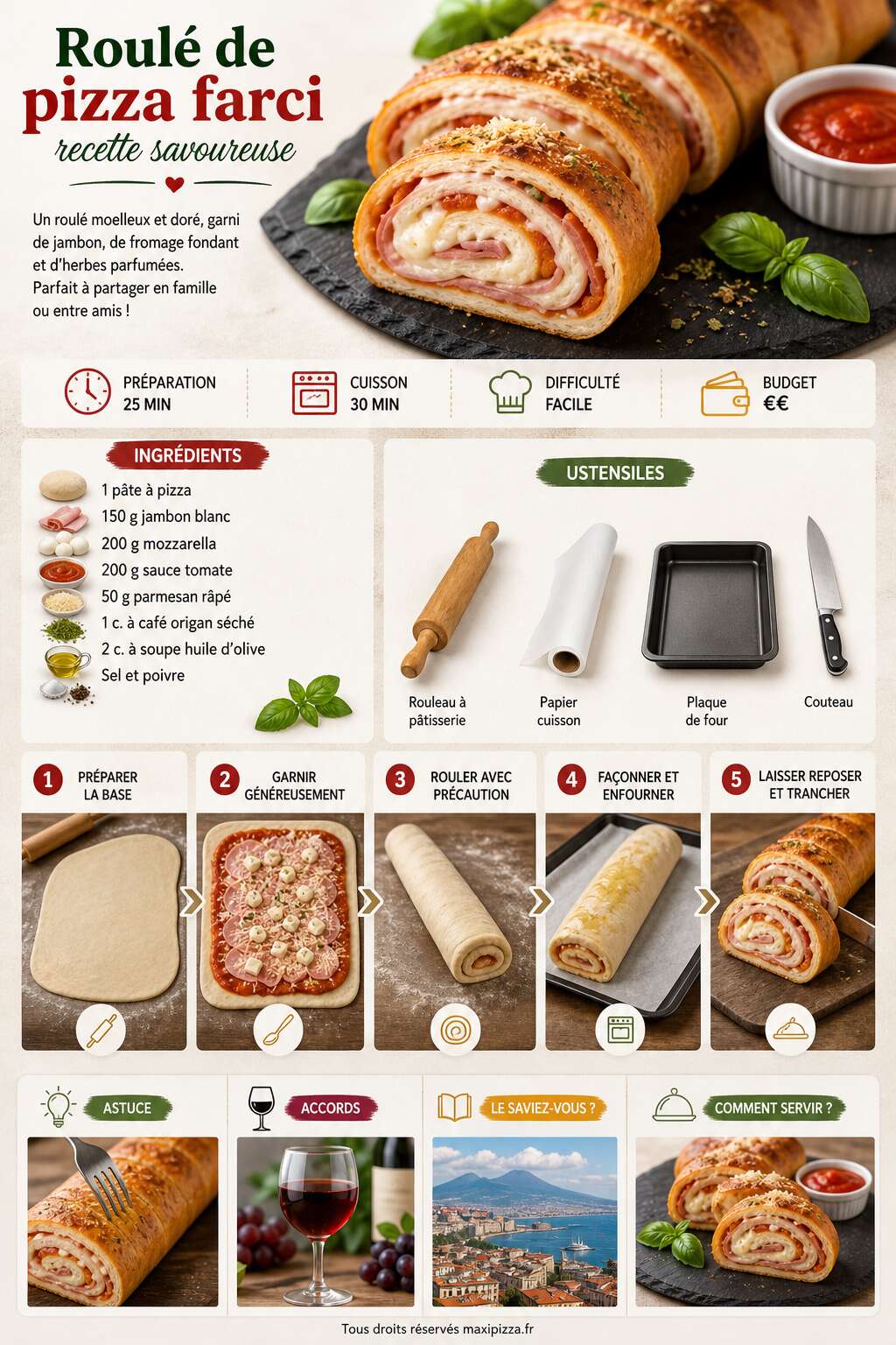 Fiche recette Roulé de pizza farci : recette savoureuse Fiche recette Roulé de pizza farci : recette savoureuse