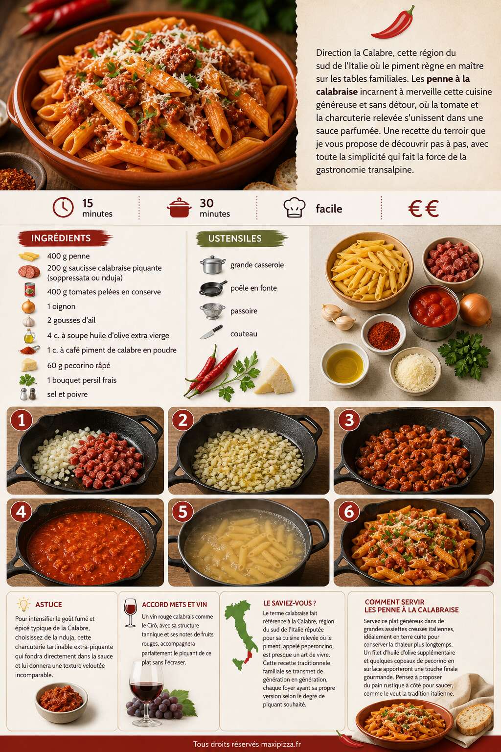 Fiche recette Penne à la calabraise : recette italienne authentique Fiche recette Penne à la calabraise : recette italienne authentique