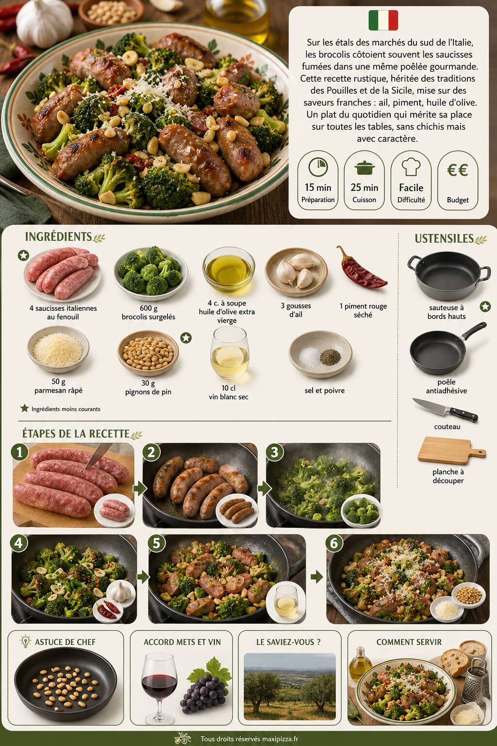 Fiche recette Recette italienne : brocolis et saucisses au parfum méditerranéen Fiche recette Recette italienne : brocolis et saucisses au parfum méditerranéen
