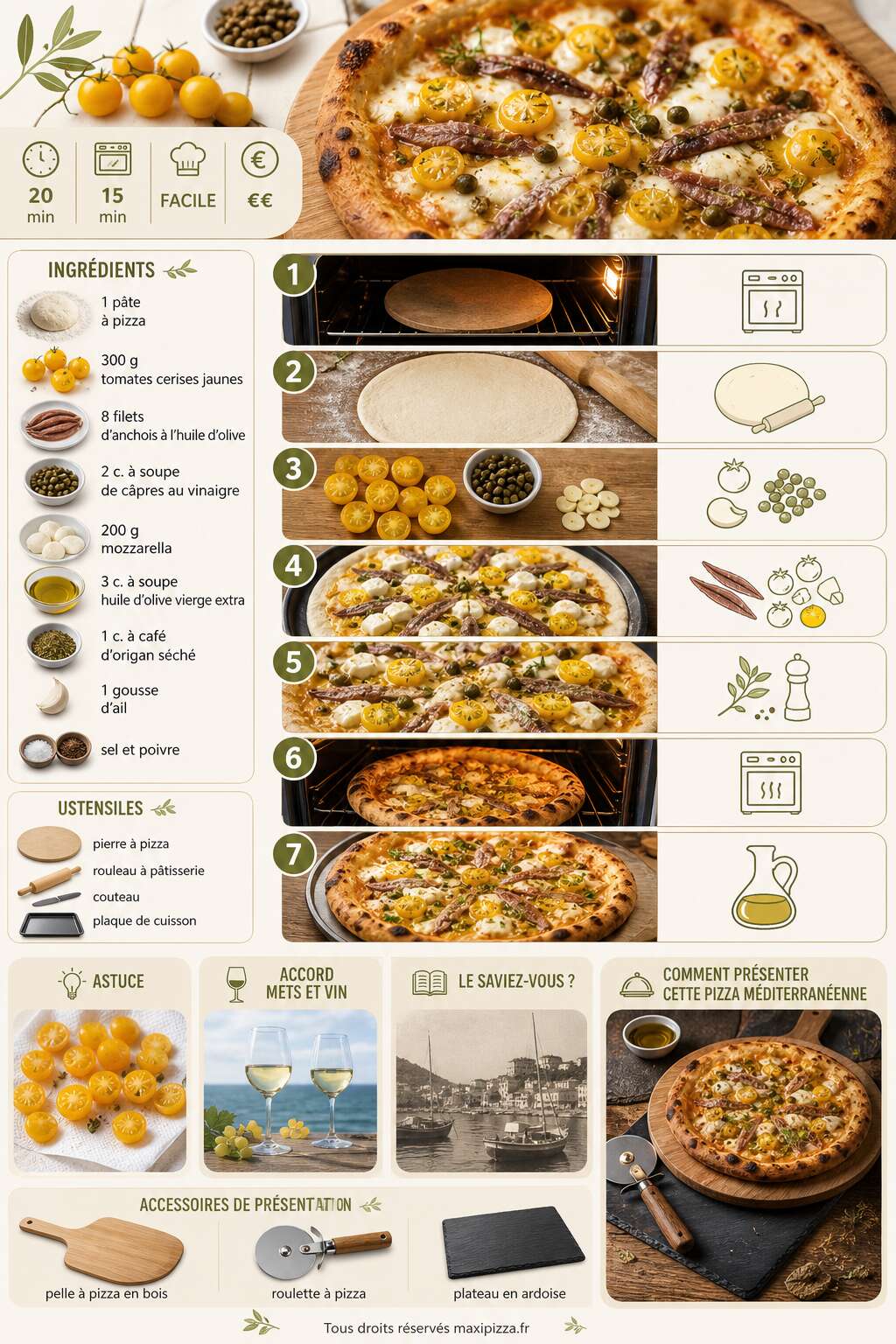 Fiche recette Recette de pizza aux tomates cerises jaunes, anchois et câpres Fiche recette Recette de pizza aux tomates cerises jaunes, anchois et câpres