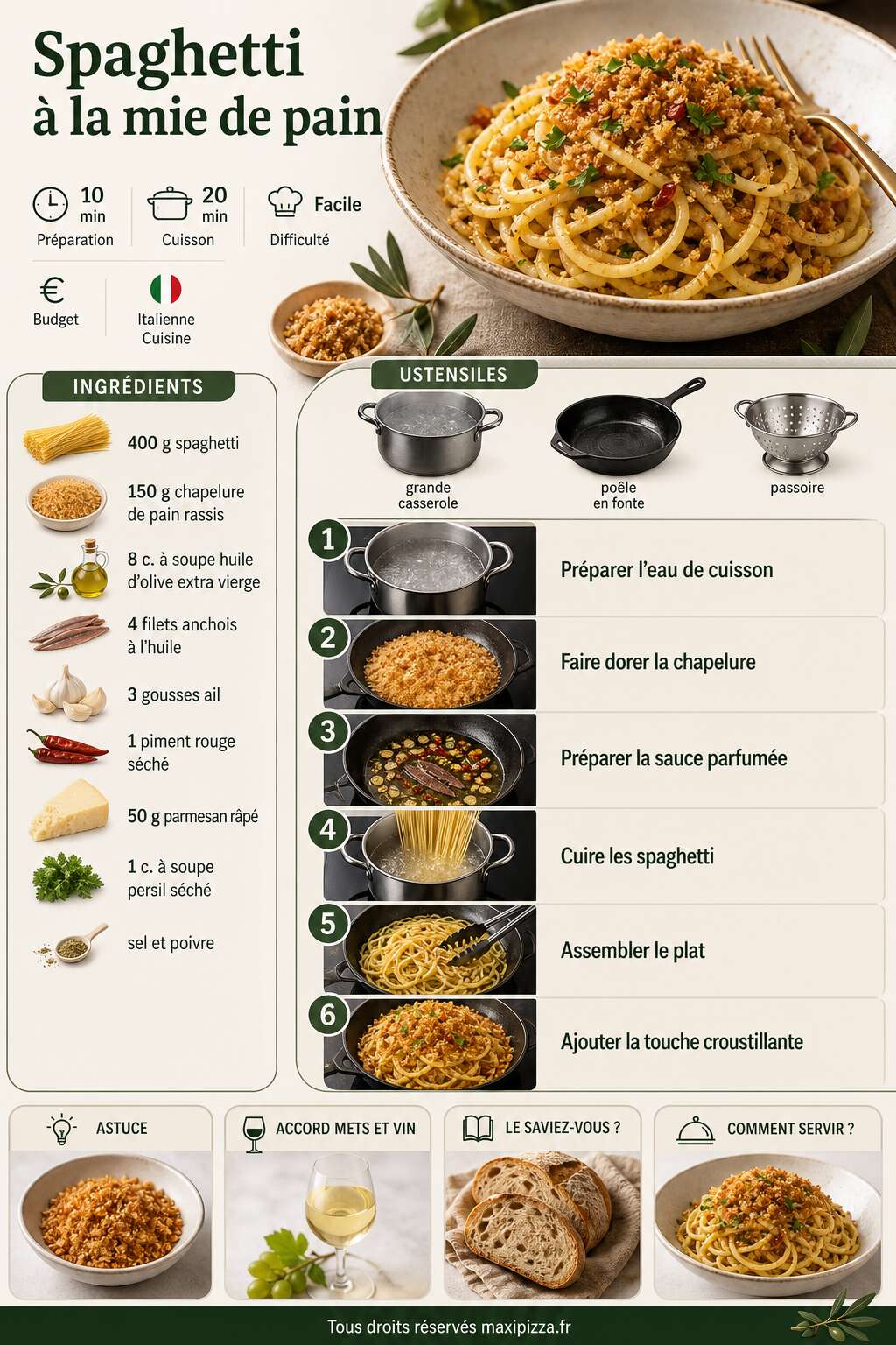 Fiche recette Recette de spaghetti à la mie de pain Fiche recette Recette de spaghetti à la mie de pain