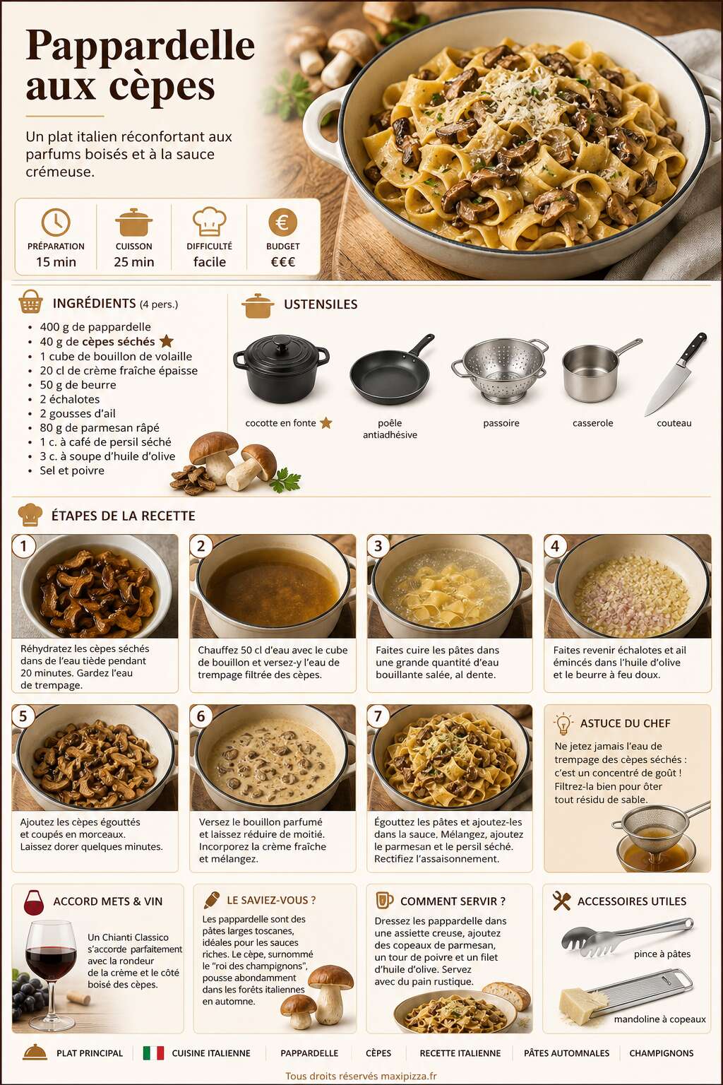 Fiche recette Recette italienne : pappardelle aux cèpes Fiche recette Recette italienne : pappardelle aux cèpes