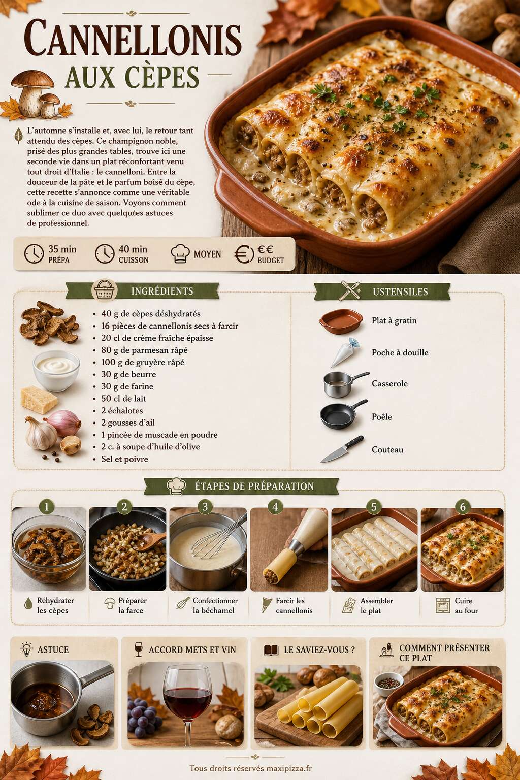 Fiche recette Recette de cannellonis aux cèpes Fiche recette Recette de cannellonis aux cèpes