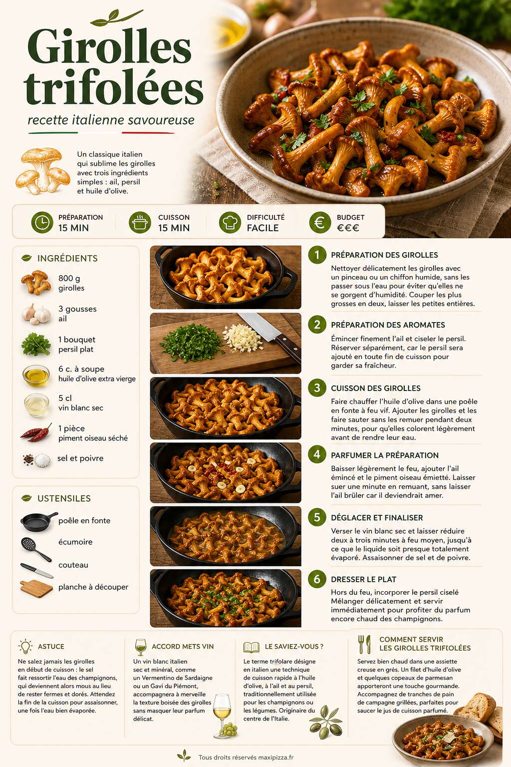 Fiche recette Girolles trifolées : recette italienne savoureuse Fiche recette Girolles trifolées : recette italienne savoureuse