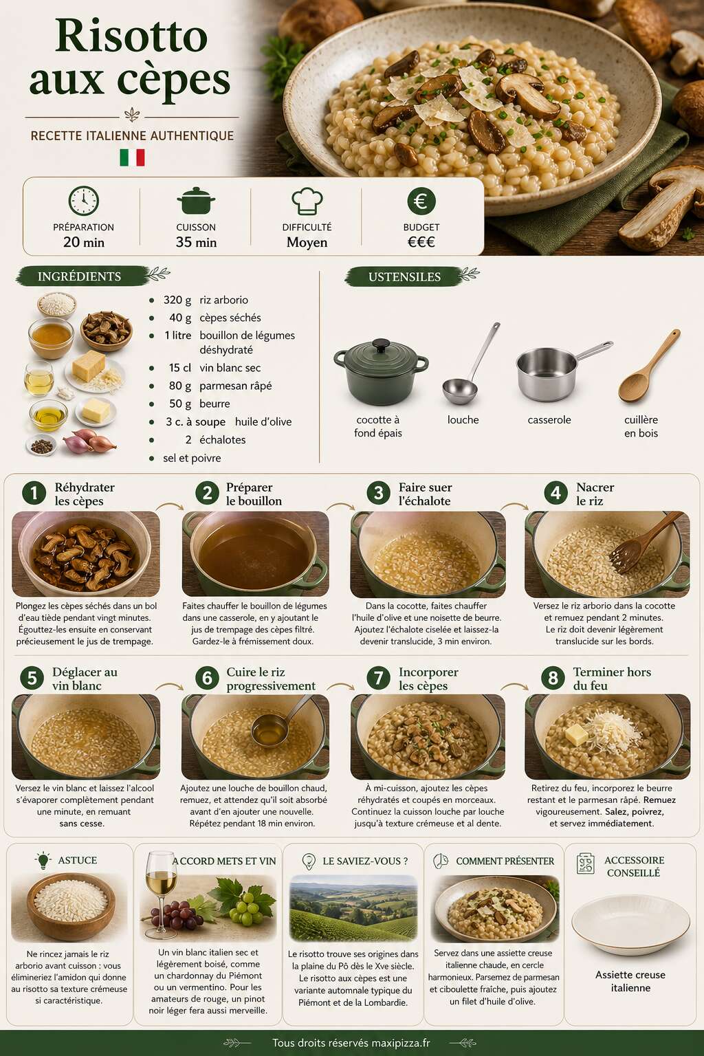 Fiche recette Risotto aux cèpes : recette italienne authentique Fiche recette Risotto aux cèpes : recette italienne authentique