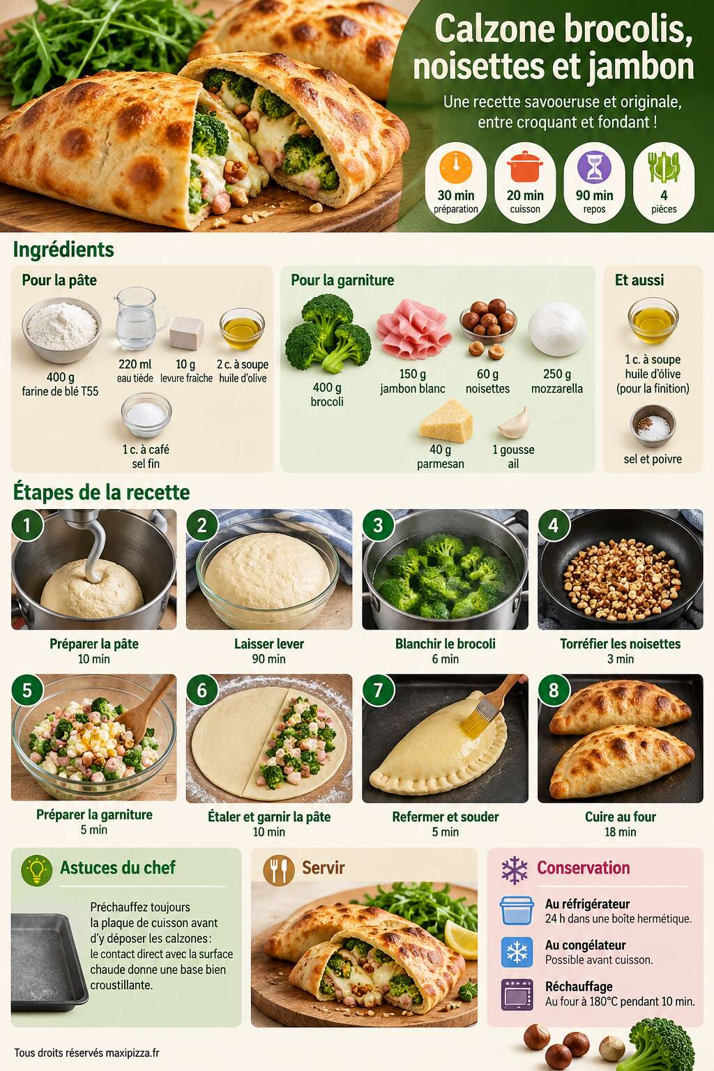 Fiche recette Calzone brocolis, noisettes et jambon : recette savoureuse Fiche recette Calzone brocolis, noisettes et jambon : recette savoureuse