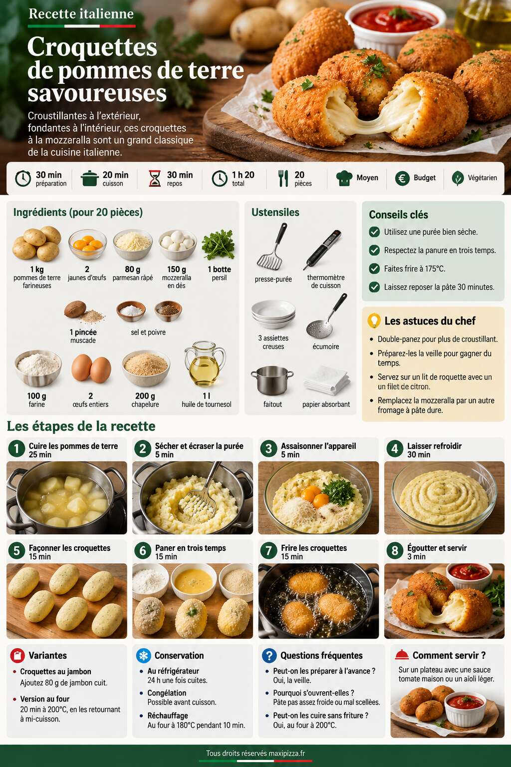 Fiche recette Recette italienne : croquettes de pommes de terre savoureuses Fiche recette Recette italienne : croquettes de pommes de terre savoureuses