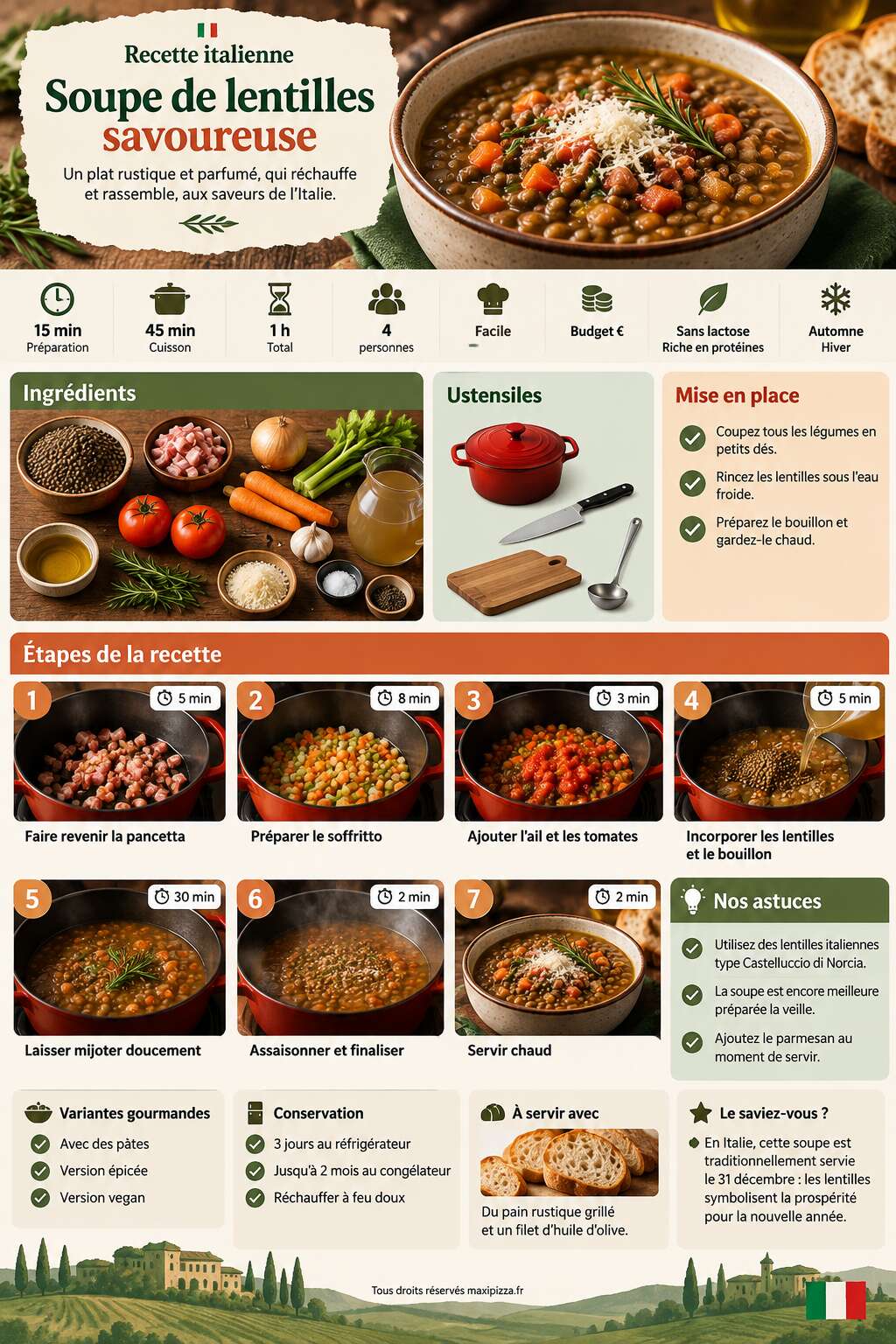 Fiche recette Recette italienne : soupe de lentilles savoureuse Fiche recette Recette italienne : soupe de lentilles savoureuse