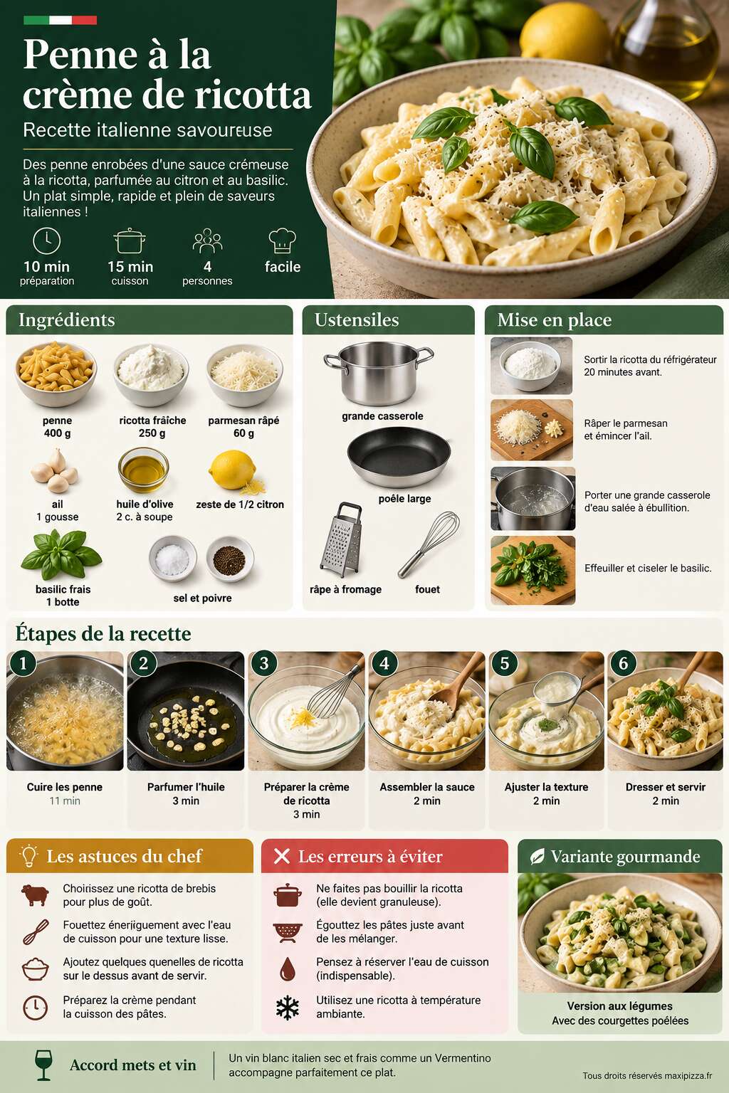 Fiche recette Penne &agrave; la cr&egrave;me de ricotta : recette italienne savoureuse