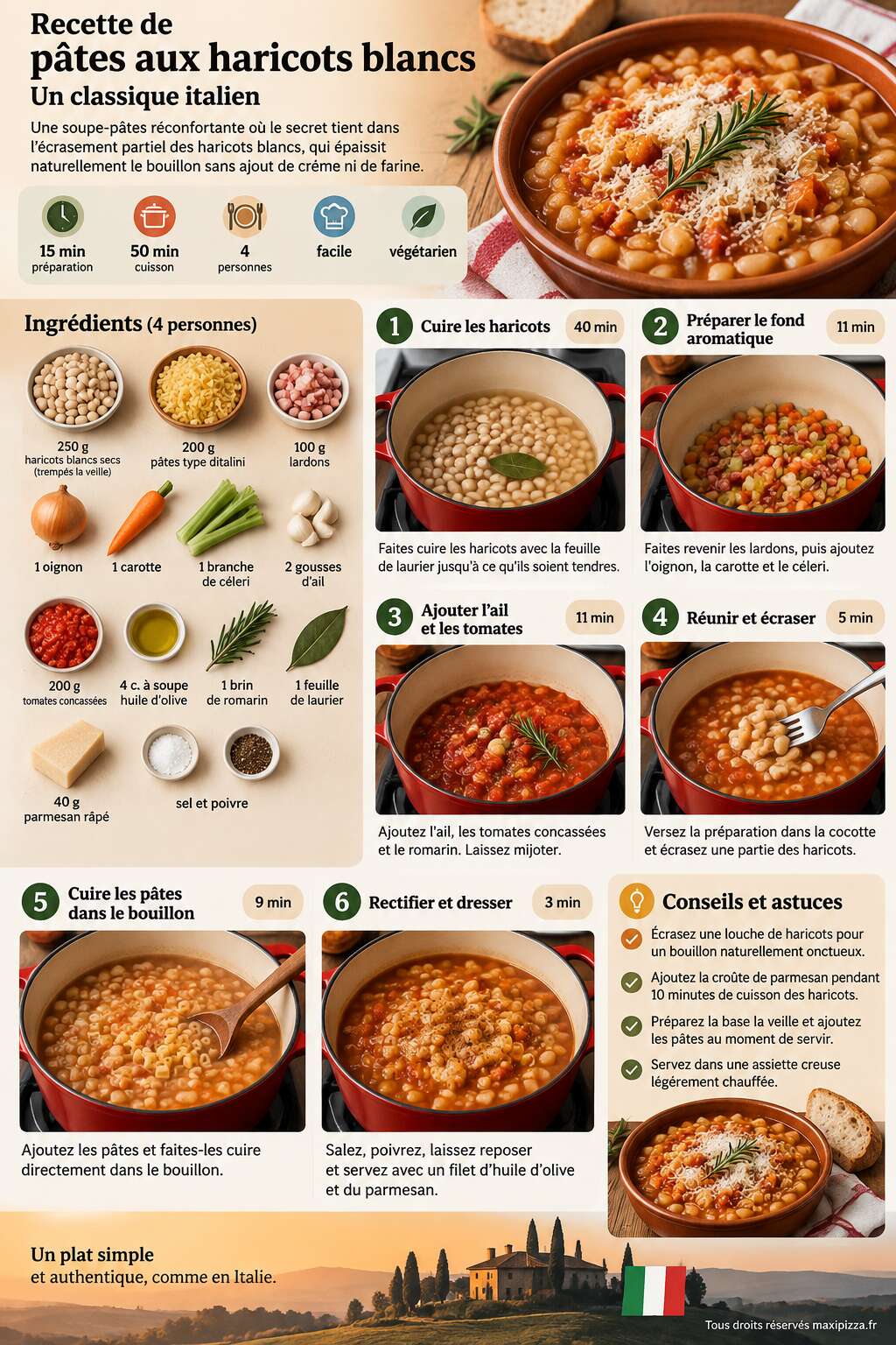 Fiche recette Recette de p&acirc;tes aux haricots blancs : un classique italien