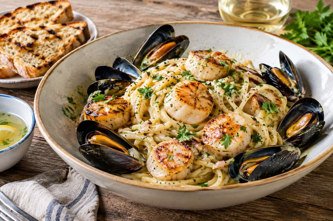 Spaghetti aux moules et pétoncles : recette savoureuse