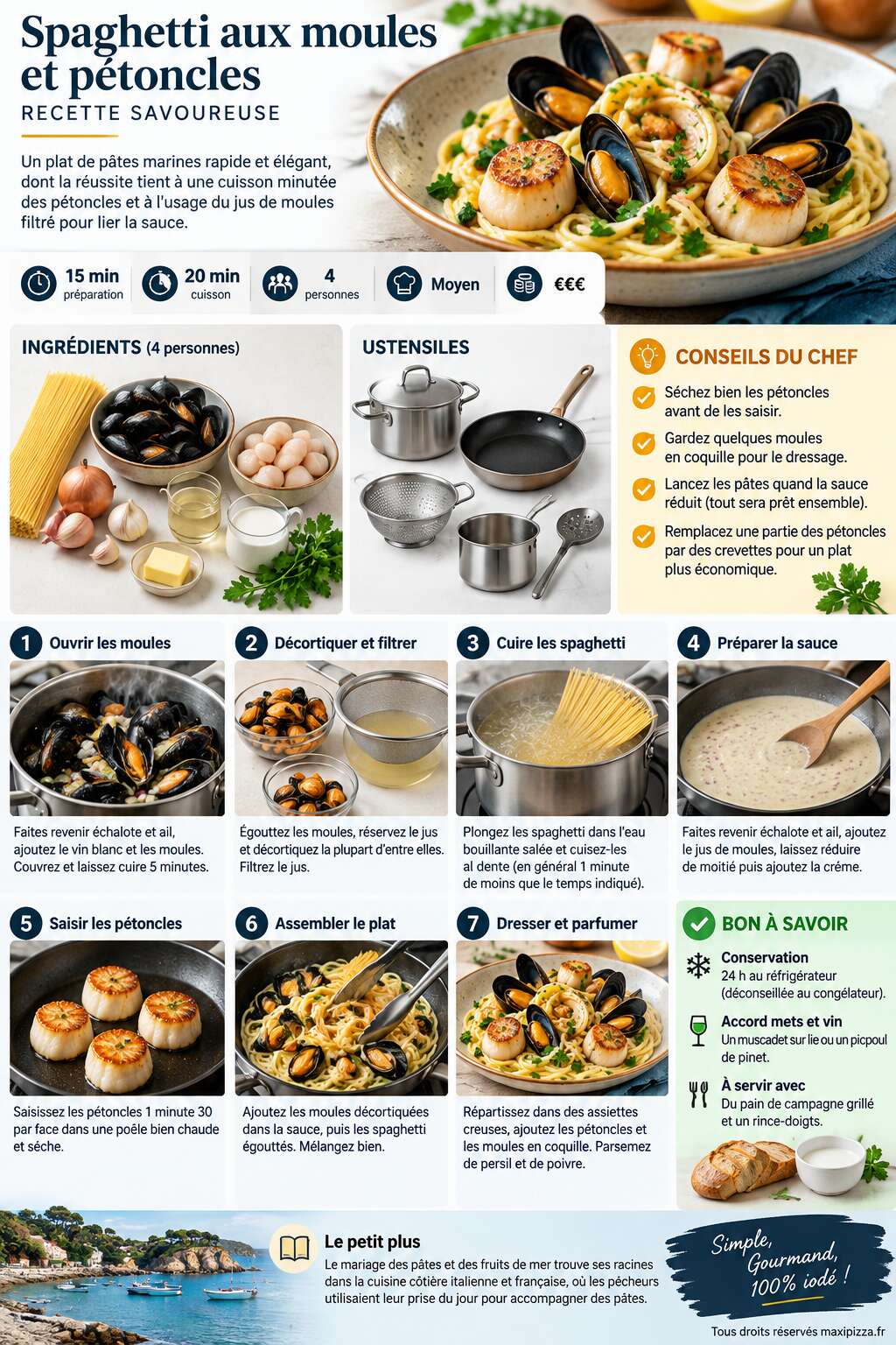 Fiche recette Spaghetti aux moules et p&eacute;toncles : recette savoureuse