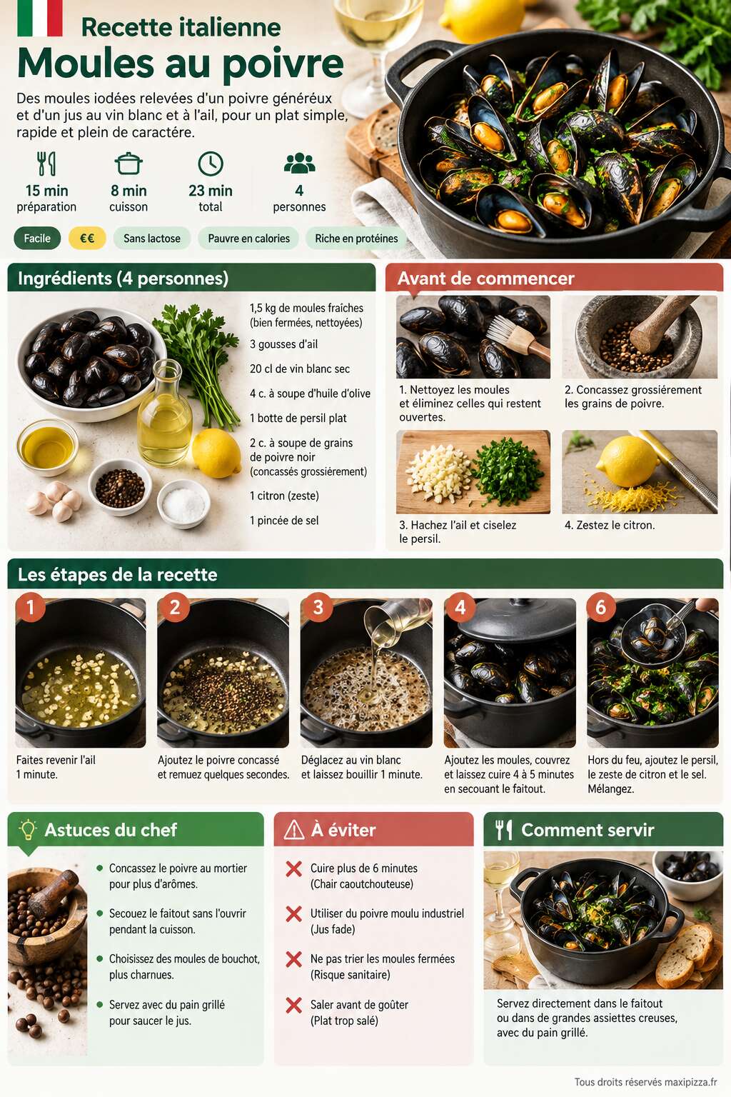 Fiche recette Recette italienne : moules au poivre